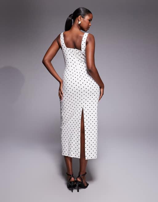 Forever New – Midikleid aus Stretch-Leinen mit eckigem Ausschnitt, Schlitz hinten und weißen Polka Dots, 2 von 4