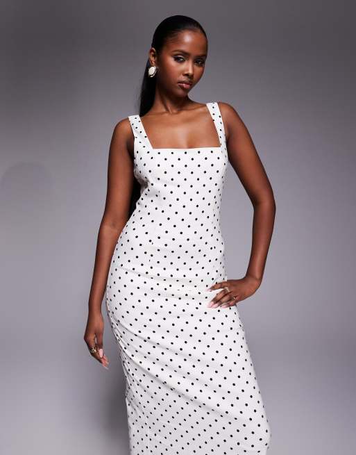 Forever New – Midikleid aus Stretch-Leinen mit eckigem Ausschnitt, Schlitz hinten und weißen Polka Dots, 3 von 4