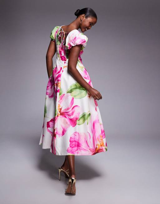 Forever New – Midikleid in Weiß mit U-Ausschnitt, Puffärmeln, abgenähten Bahnen und rosa Blumenmuster, 3 von 4