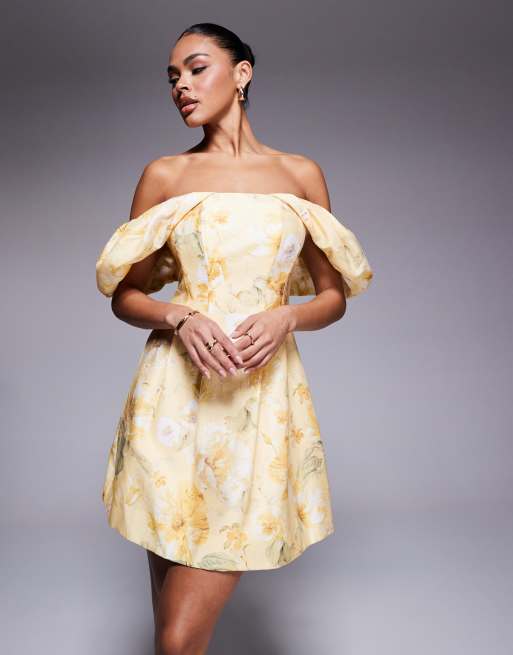 Forever New - Mini jurk met blote schouders in gouden botanische print, 4 van 4