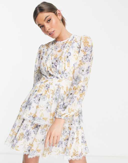 Forever New - Mini jurk met kanten rand en blauwe bloemenprint
