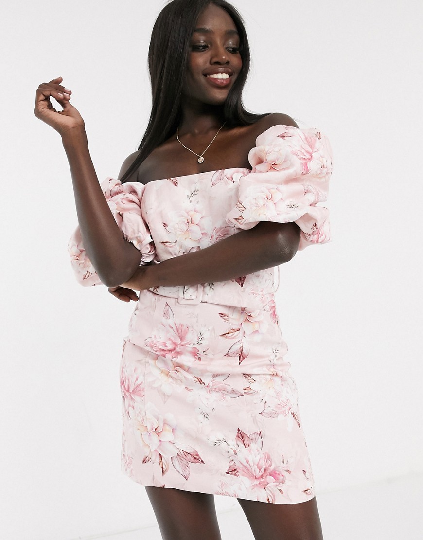 Forever New - Mini-jurk met pofmouwen, riem en roze bloemenprint-Multi