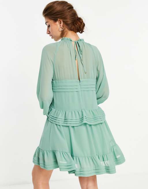 Forever New - Mini-jurk met stroken en lantaarnmouwen in saliegroen, 2 van 4