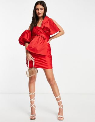 Forever New taffeta one sleeve bow mini dress in red - ASOS Price Checker