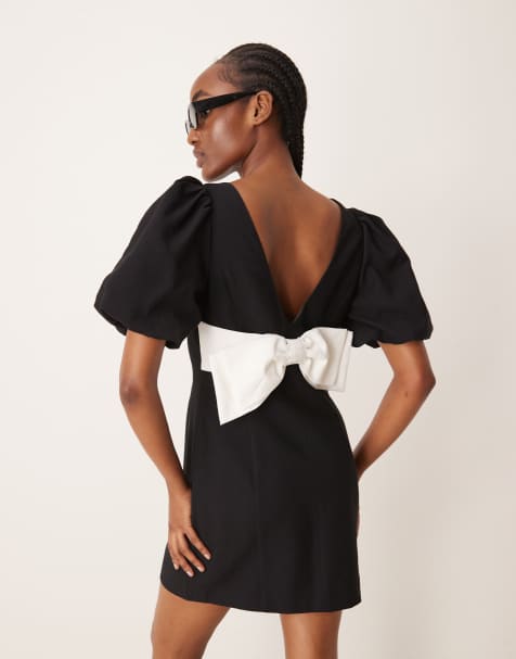 Forever New – Minikleid mit Puffärmeln in Schwarz mit Schleife hinten und Puffärmeln - view 1