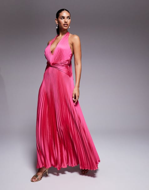 Forever New - Natasha - Diepuitgesneden satijnen maxi-jurk met halternek in fuchsia roze - view 1