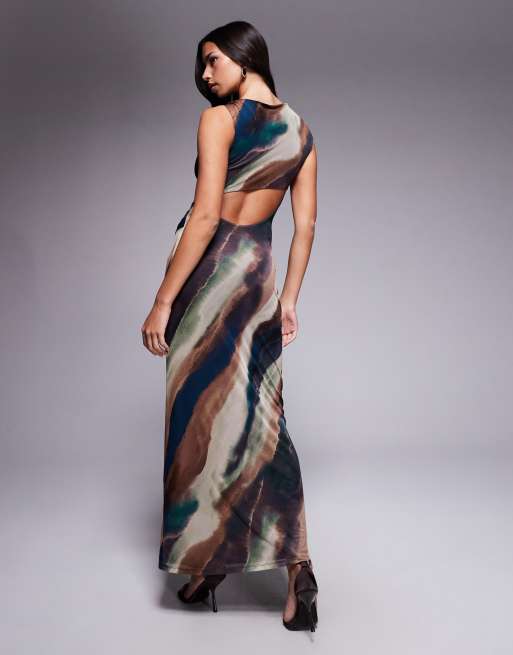 Forever New - Naturfarvet maxikjole i mesh med knudedesign foran og abstrakt print, 3 af 4