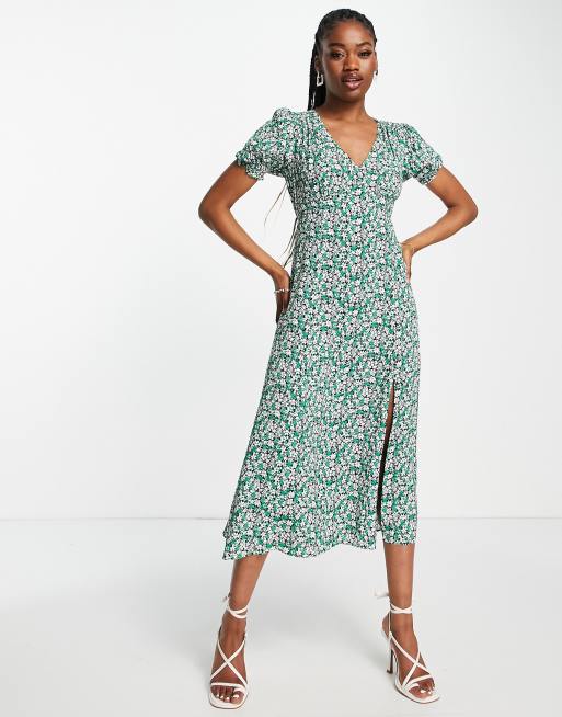 Forever New Nette midi jurk met ruches aan de mouwen in groene bloemenprint ASOS