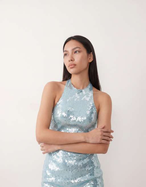 Forever New – Niebieska cekinowa sukienka mini z dekoltem typu halter, 2 z 4