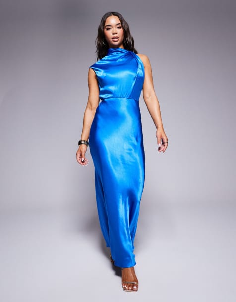 Forever New – Niebieska satynowa sukienka maxi z zabudowanym dekoltem - view 1