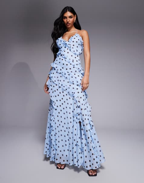 Forever New – Niebieska sukienka maxi z dekoltem halter, odkrytymi plecami i falbankami, we wzór w groszki - view 1