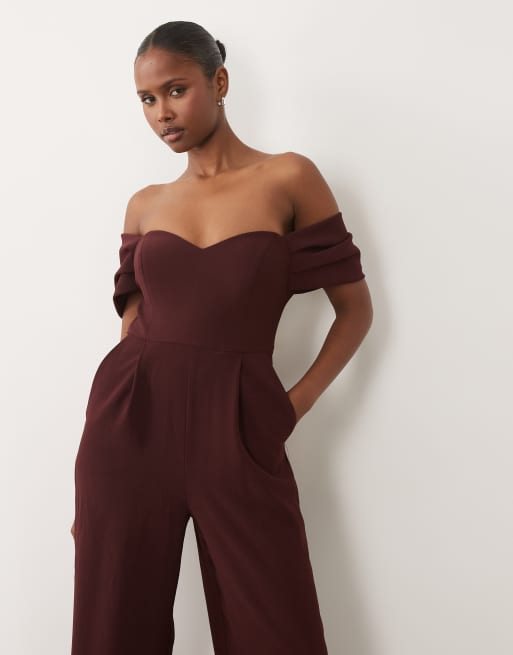 Forever New off shoulder corset detail wide leg jumpsuit in burgundy, 2 of 4