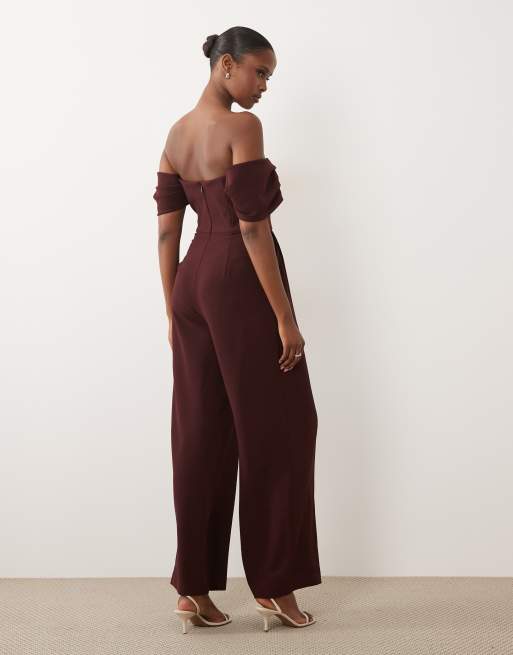 Forever New off shoulder corset detail wide leg jumpsuit in burgundy, 4 of 4