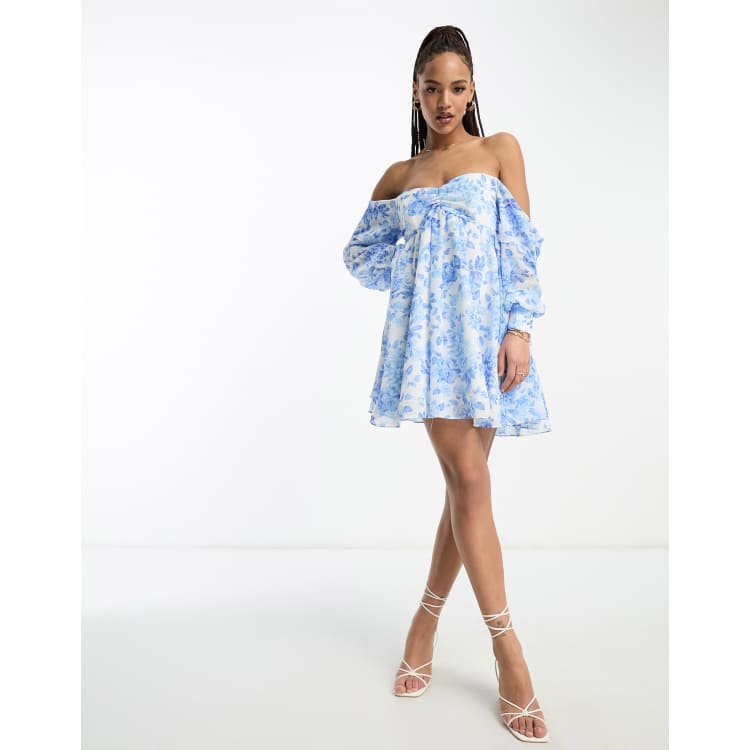 Blue off the cheap shoulder dress with flowers