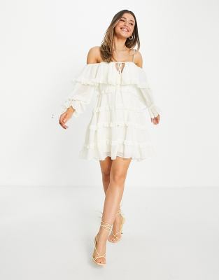 white off the shoulder frill dress