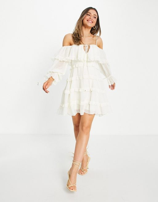 Forever New off shoulder ruffle mini dress with tiered sleeve in