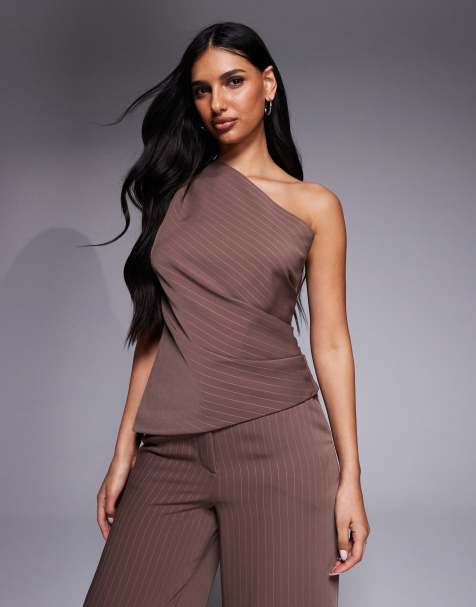 Forever New one shoulder asymmetric top co-ord in brown pinstripe - view 1