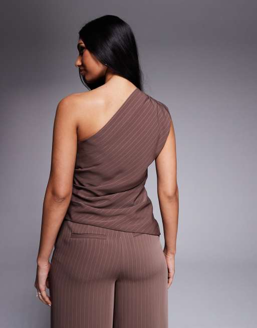 Forever New one shoulder asymmetric top in brown pinstripe (part of a set), 4 of 4