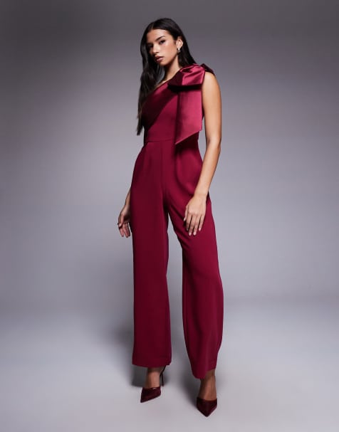 Forever New one shoulder bow jumpsuit in plum - view 1