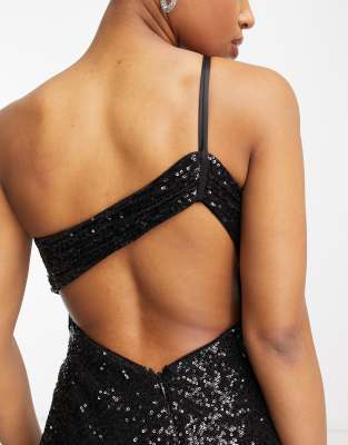 Forever New one shoulder cut-out sequin maxi dress in black