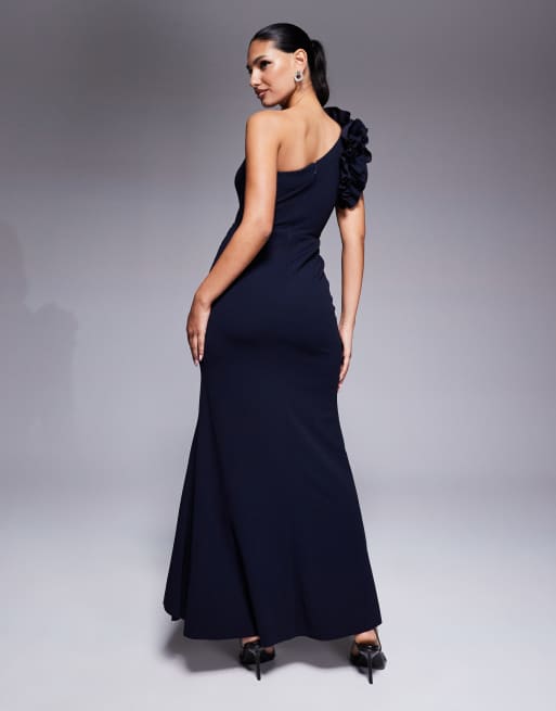 Forever New one shoulder flower detail maxi dress in navy, 3 of 4