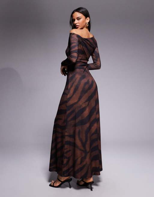 Forever New one shoulder long sleeve mesh maxi dress in brown animal print, 3 of 4