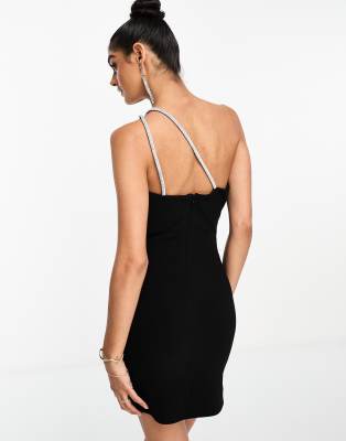 Forever New one shoulder teardrop embellished mini dress in black