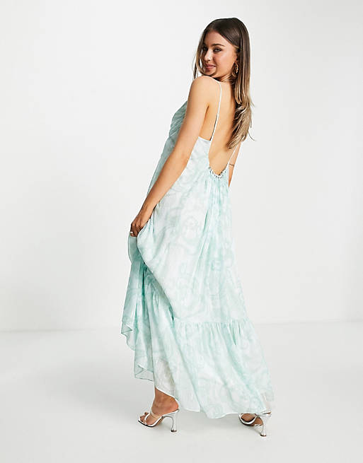 Forever New open back tiered cami sun dress in green paisley print