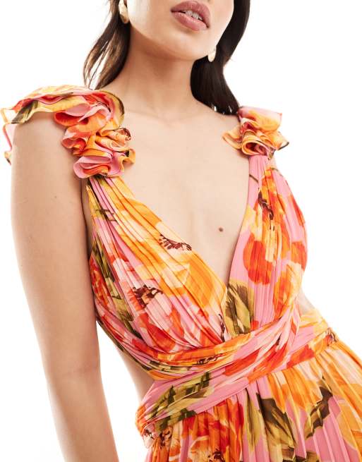 Forever New – Orange och rosa, blommig, plisserad maxiklänning med utskurna detaljer, 2 av 4