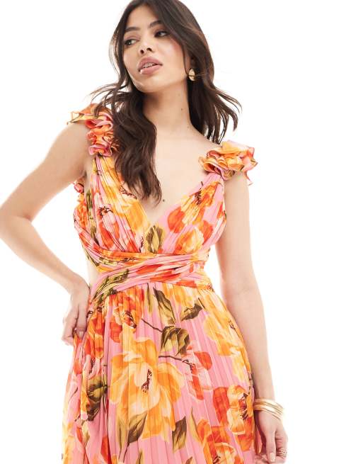 Forever New – Orange och rosa, blommig, plisserad maxiklänning med utskurna detaljer, 4 av 4