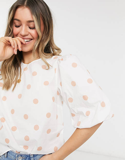 Women Forever New oversized sleeve cotton top in ecru polka dot 
