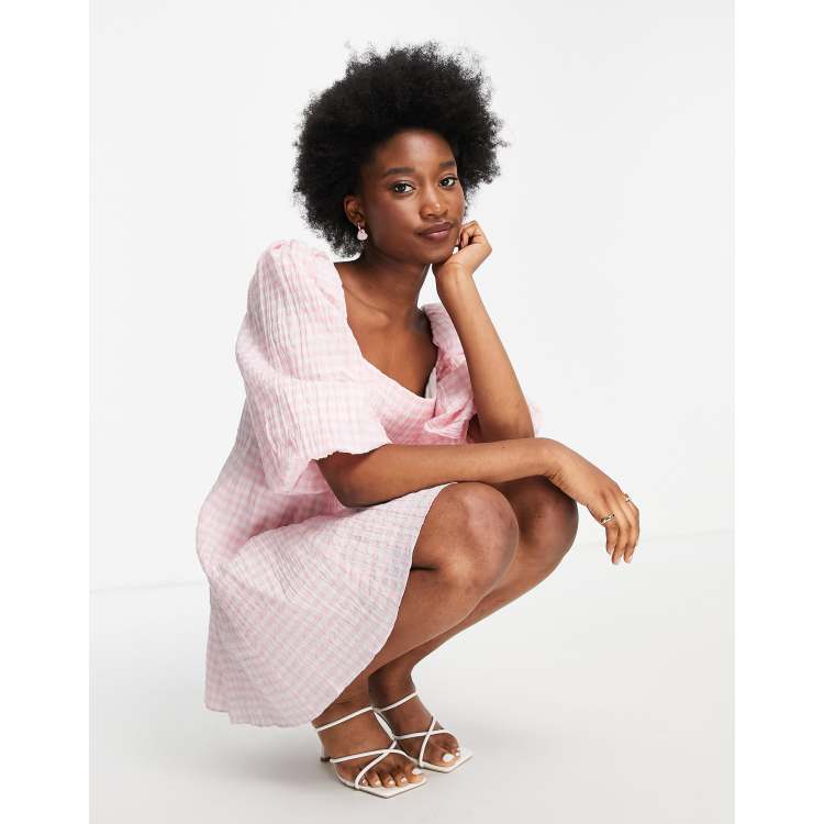 Forever New oversized sleeve ruched smock mini dress in baby pink gingham ASOS