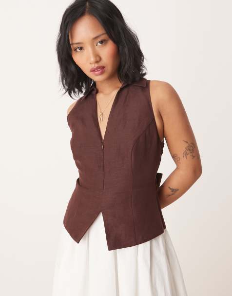 Forever New Petite 2-in-1 collared midaxi dress in chocolate and ivory