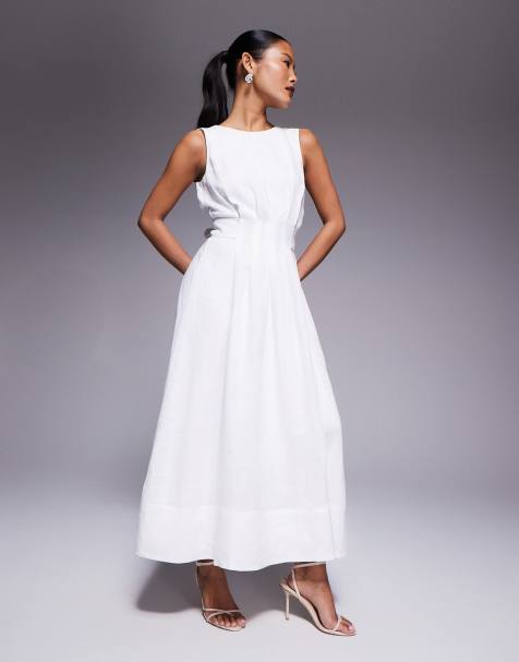 Forever New Petite – Ärmelloses Midikleid aus Leinen in Weiß mit V-Ausschnitt und Bindedetail am Rücken - view 1