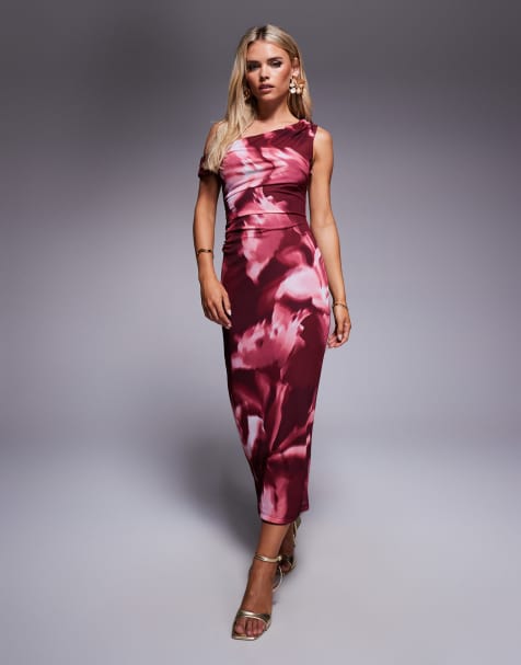Forever New Petite asymmetric mesh midaxi dress in berry blurred floral - view 1