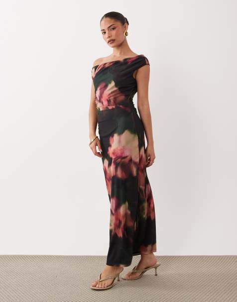 Forever New Petite asymmetric mesh midi dress in dark rustwood floral - view 1