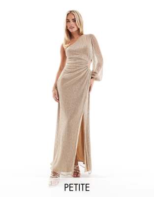 Forever New Petite Forever New Petite asymmetric one sleeve maxi dress in gold metallic