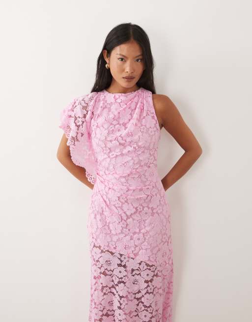 Forever New Petite – Asymmetrisches Maxikleid in Hellrosa mit Spitzen-Overlay, 2 von 4