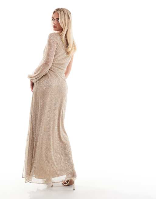 Forever New Petite – Asymmetrisches Maxikleid in Metallic-Gold mit einem Ärmel, 3 von 4