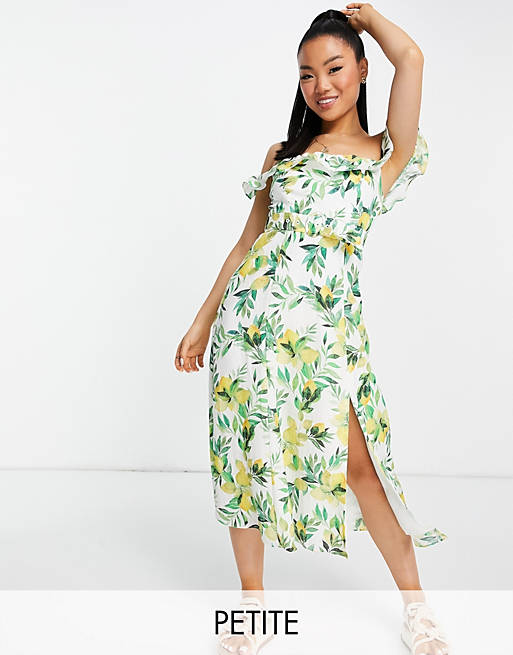 Women Forever New Petite belted midi tea dress in lemon print 