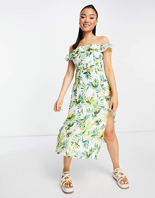 Women Forever New Petite belted midi tea dress in lemon print 
