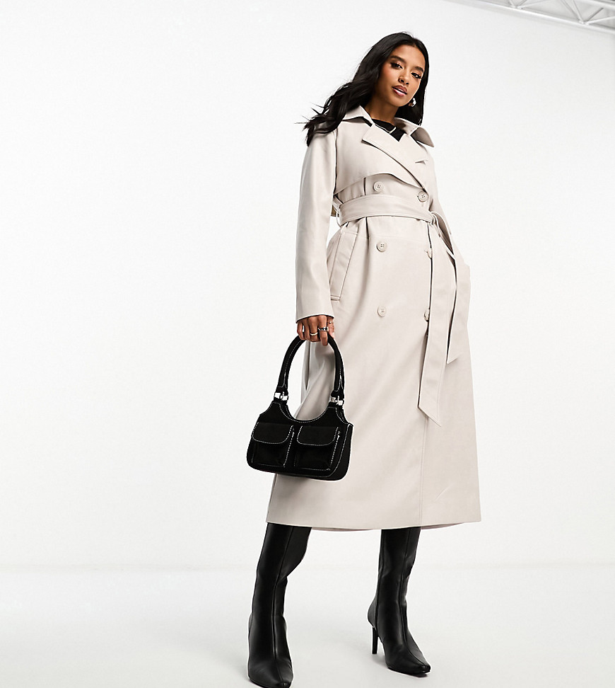 Forever New Petite belted PU maxi coat in stone-Neutral