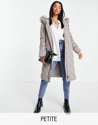 Forever New Petite belted quilted puffer coat with faux fur hood trim in mink - ASOS Price Checker