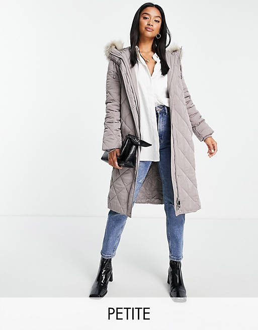 Forever New Petite belted quilted puffer coat with faux fur hood trim in mink