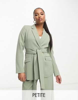 Forever New Petite blazer with tie belt in olive-Green