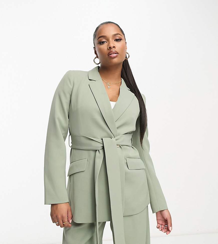 Forever New Petite blazer with tie belt in olive-Green