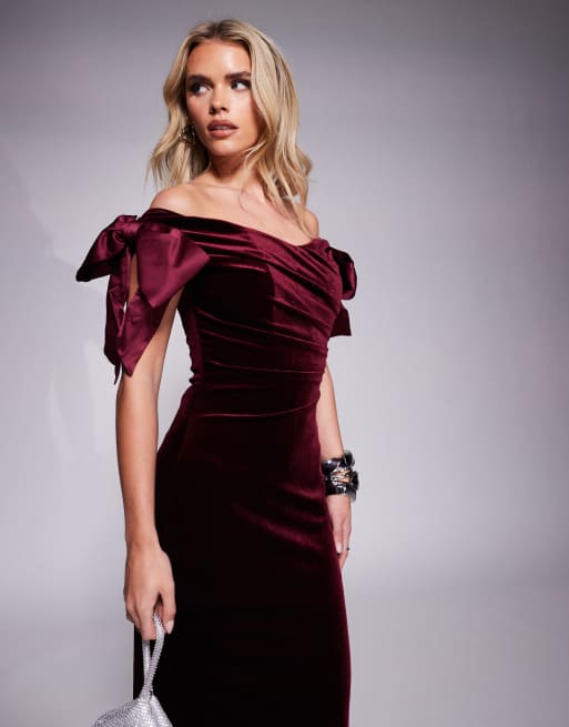 Forever New Petite bow draped velvet maxi gown in oxblood | ASOS