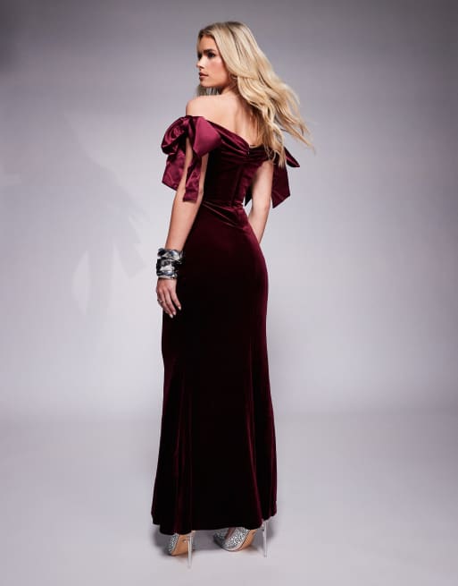 Forever New Petite bow draped velvet maxi gown in oxblood, 4 of 4
