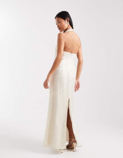 Forever New Petite - Bruidskleding - Maxi halterjurk met lovertjes in crème, 3 van 4