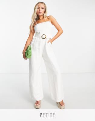 Forever New Petite buckle tie waist wide leg jumpsuit in white